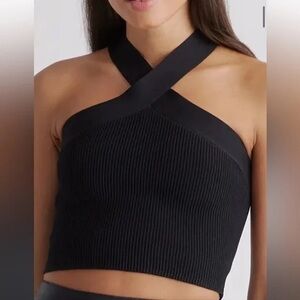 Babaton Black Cross-Neck Ribbed Crop Top